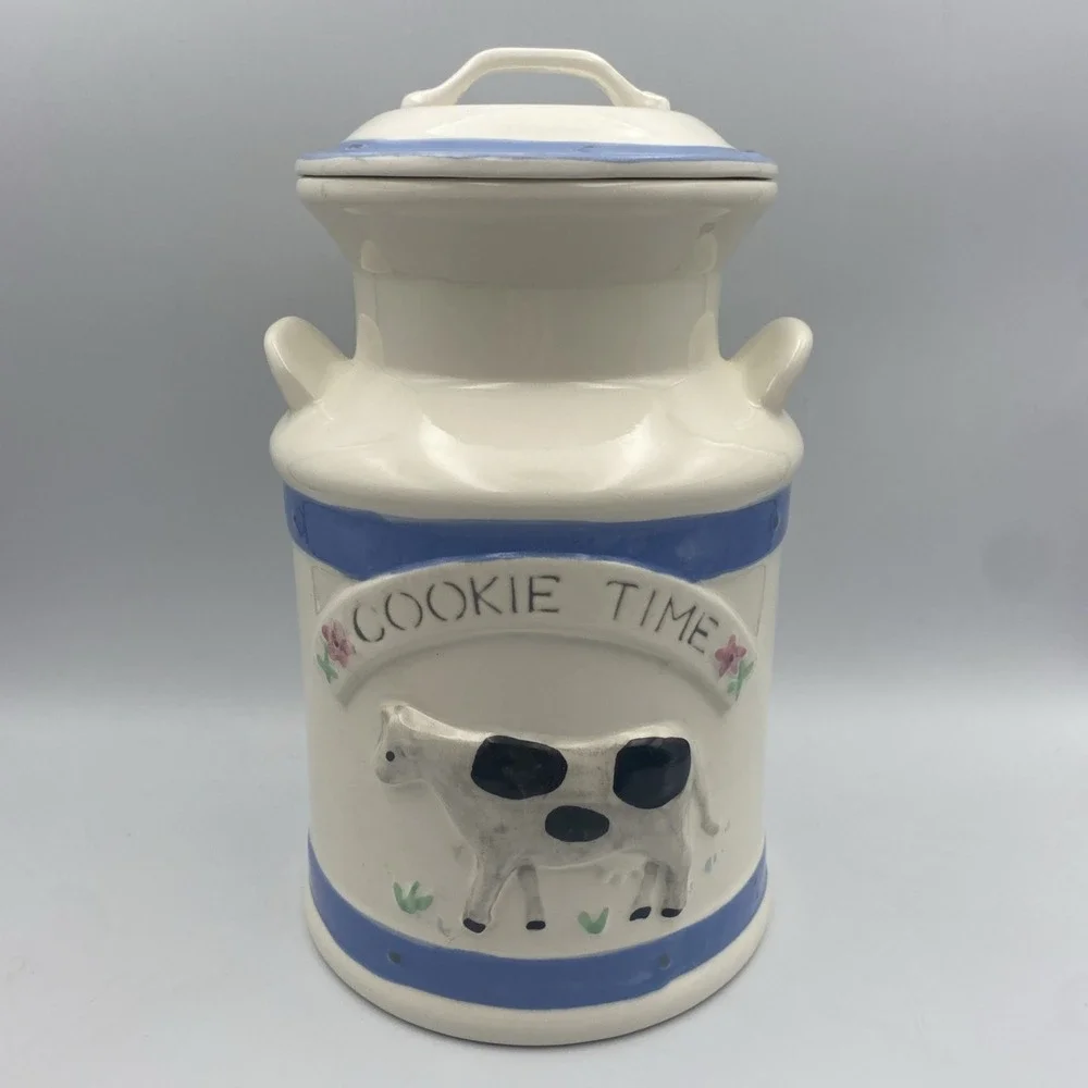 Vintage Treasure Time Cookie Time Ceramic Milk Can Cookie Jar With 3D Cow  11.5